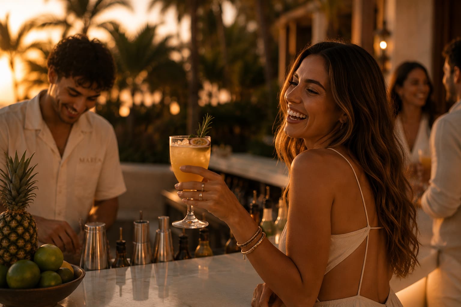 A guest laughing with a cocktail in hand at a MAREA event at sunset
