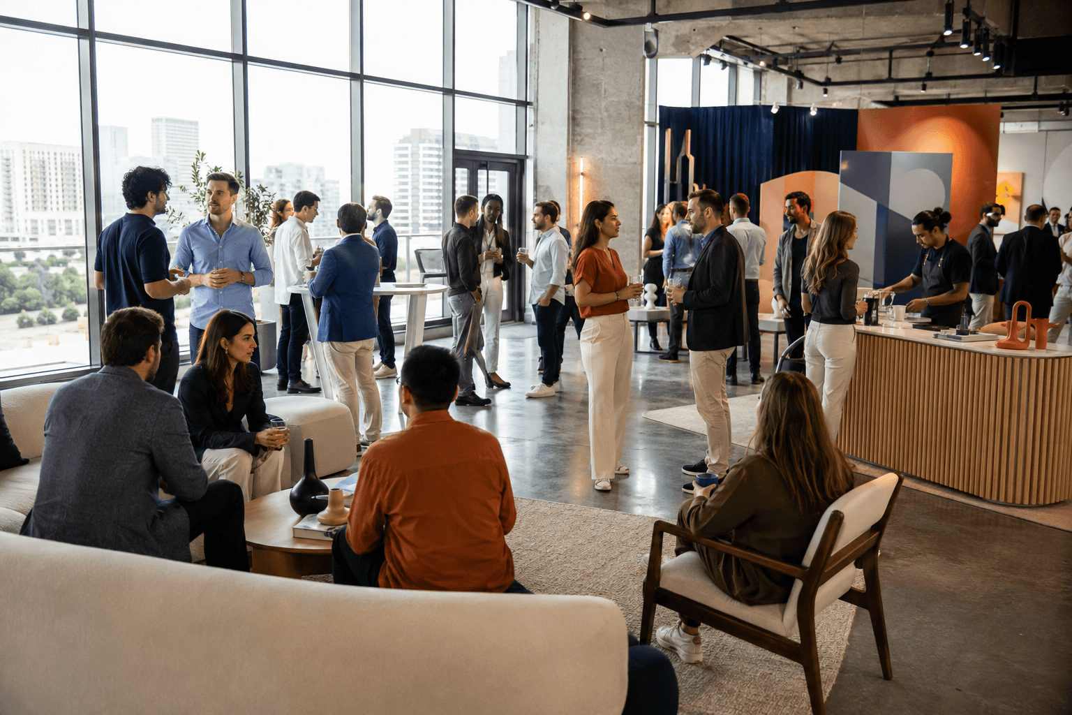 Conceptual scene — daytime corporate mixer at a brand activation space