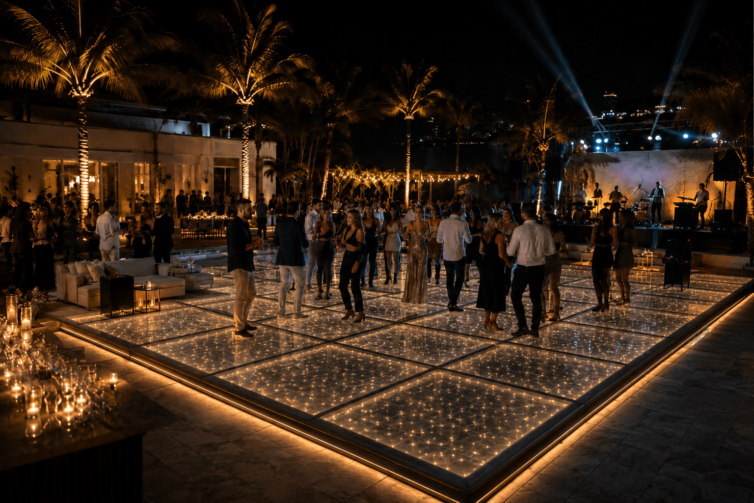 Conceptual scene — illuminated dance floor built over the pool, live band, night