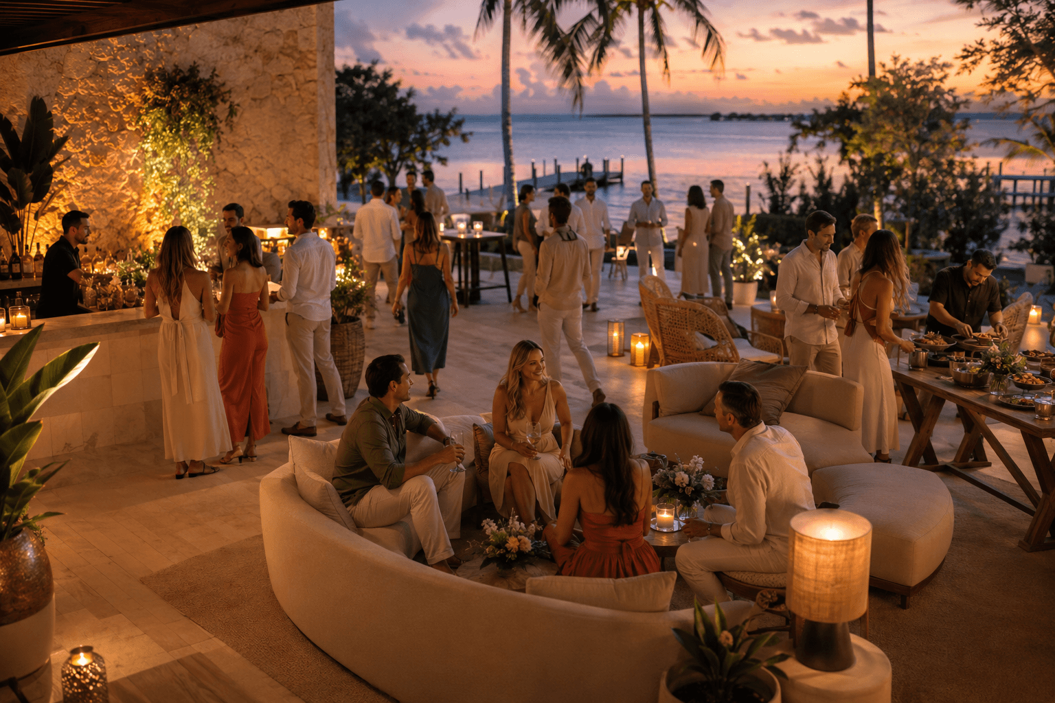 Conceptual scene — waterfront celebration at sunset, dock lounge and catering