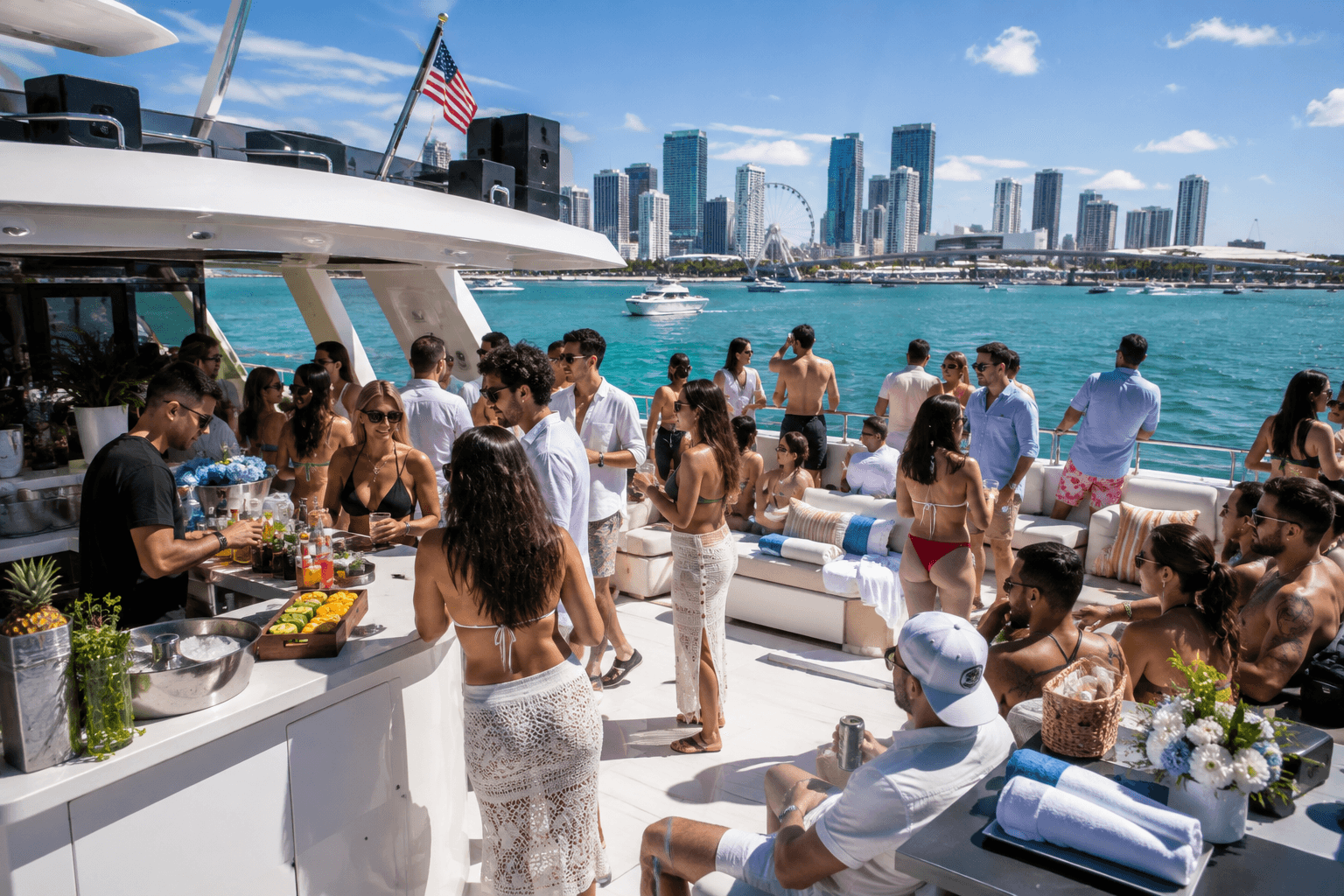 Conceptual scene — daytime yacht celebration with the city skyline behind