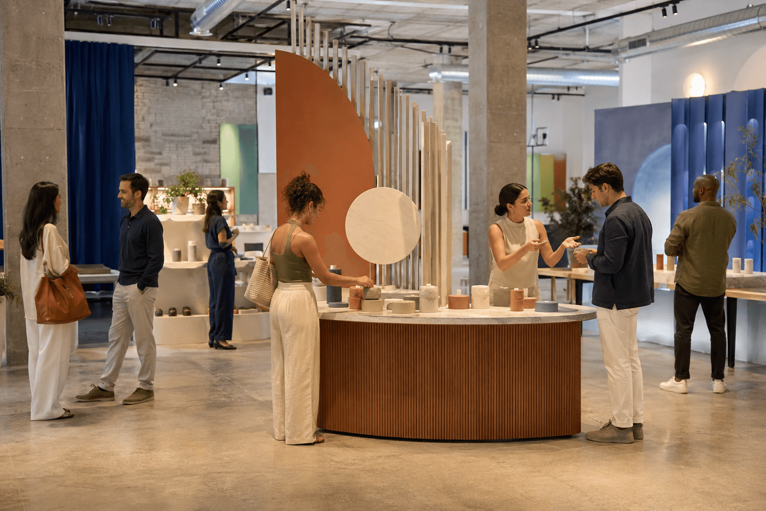 Conceptual scene — daytime brand activation with a sculptural design installation