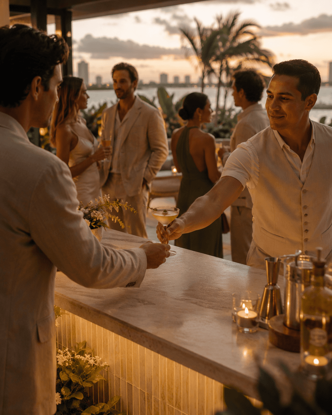 Conceptual scene — bartender handing a cocktail to a guest at dusk, waterfront terrace