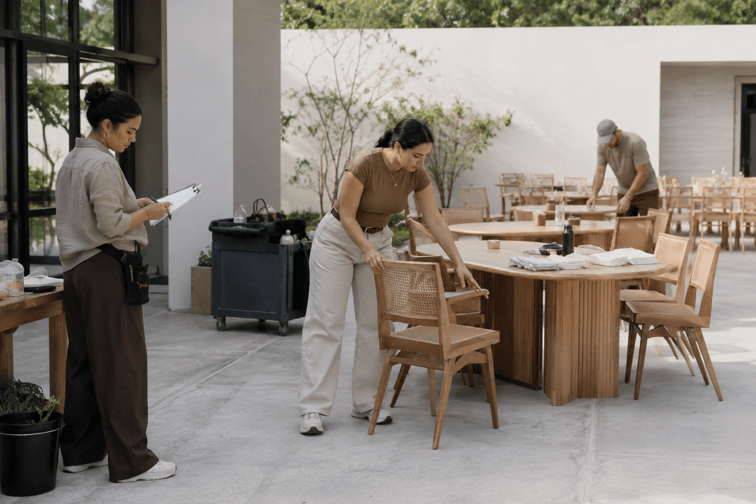 Conceptual scene — daytime event setup, staff arranging chairs with a run sheet