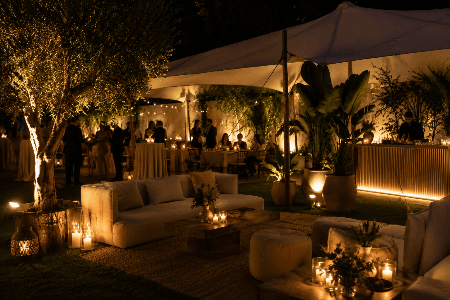 Conceptual scene — full tented lounge, bar and dining setup under an olive tree at night