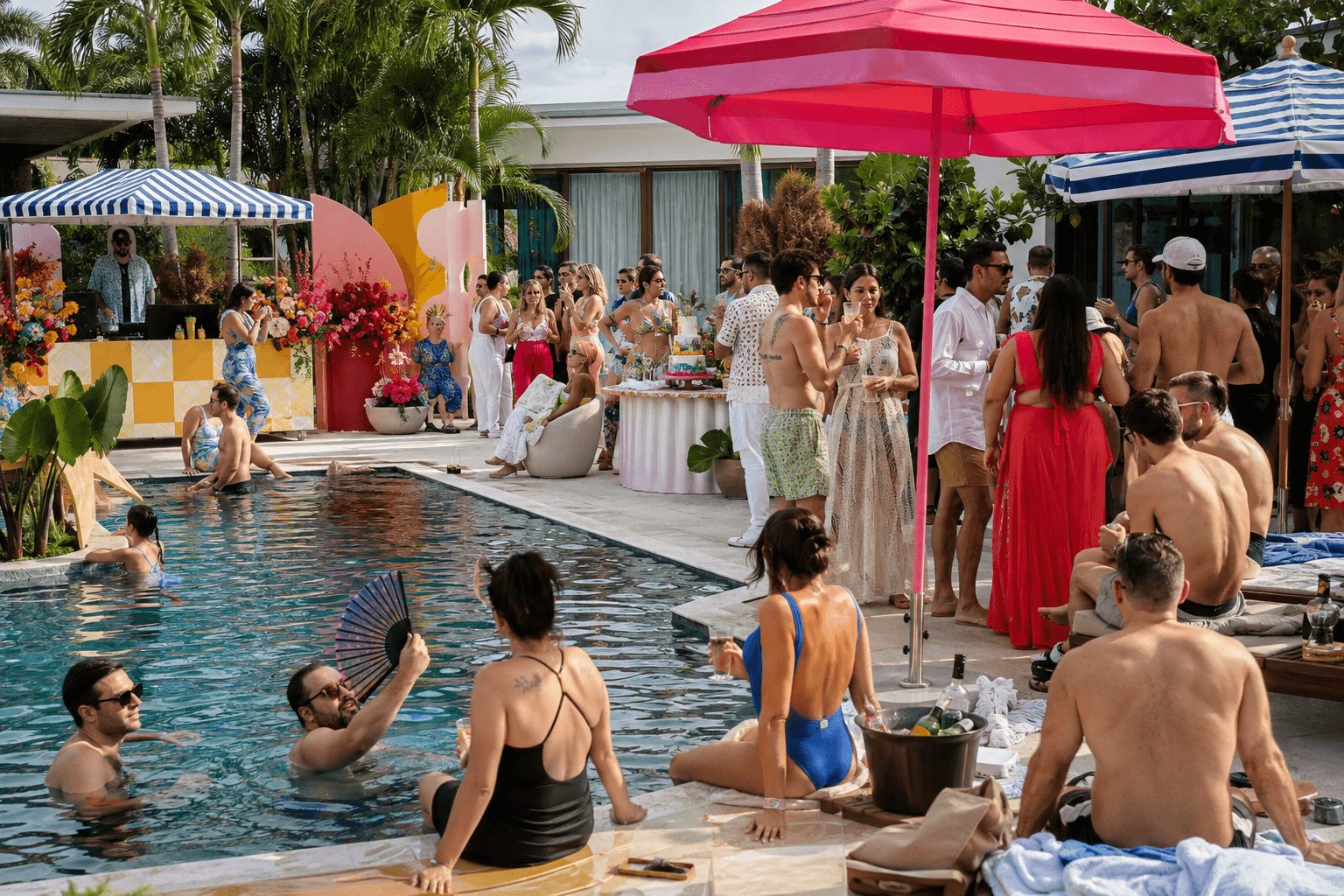 Conceptual scene — daytime pool party, guests in the water, colorful umbrellas