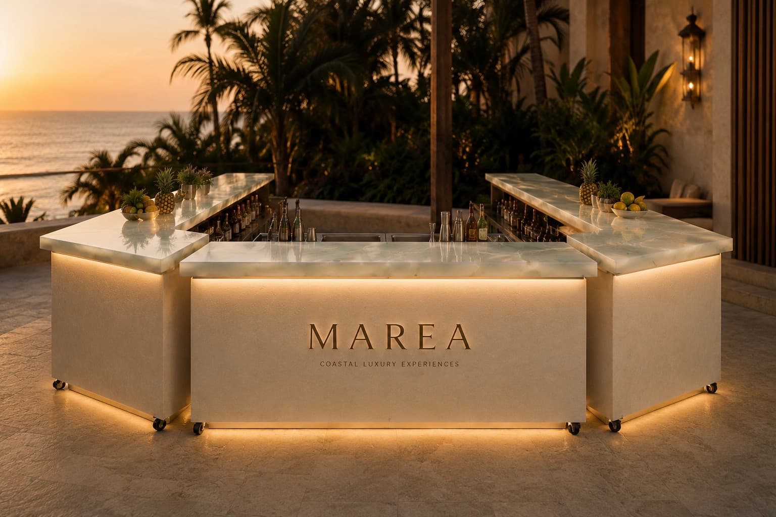 The MAREA bar — three sand-toned modules in an open horseshoe with warm perimeter lighting, ocean at sunset behind