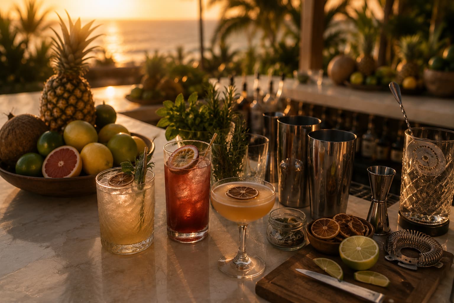 A lineup of signature cocktails and fresh fruit on the MAREA bar at golden hour