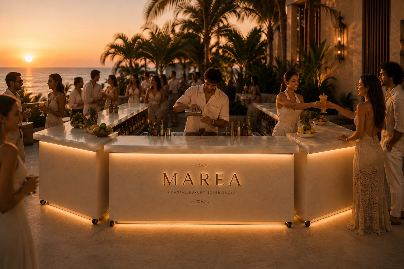 A MAREA bartender pouring a cocktail at the bar during a sunset event, guests raising their glasses